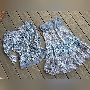 Chaps Denim Floral Skirt + Blouse Tiered Cotton Lined Blue Boho Cottagecore